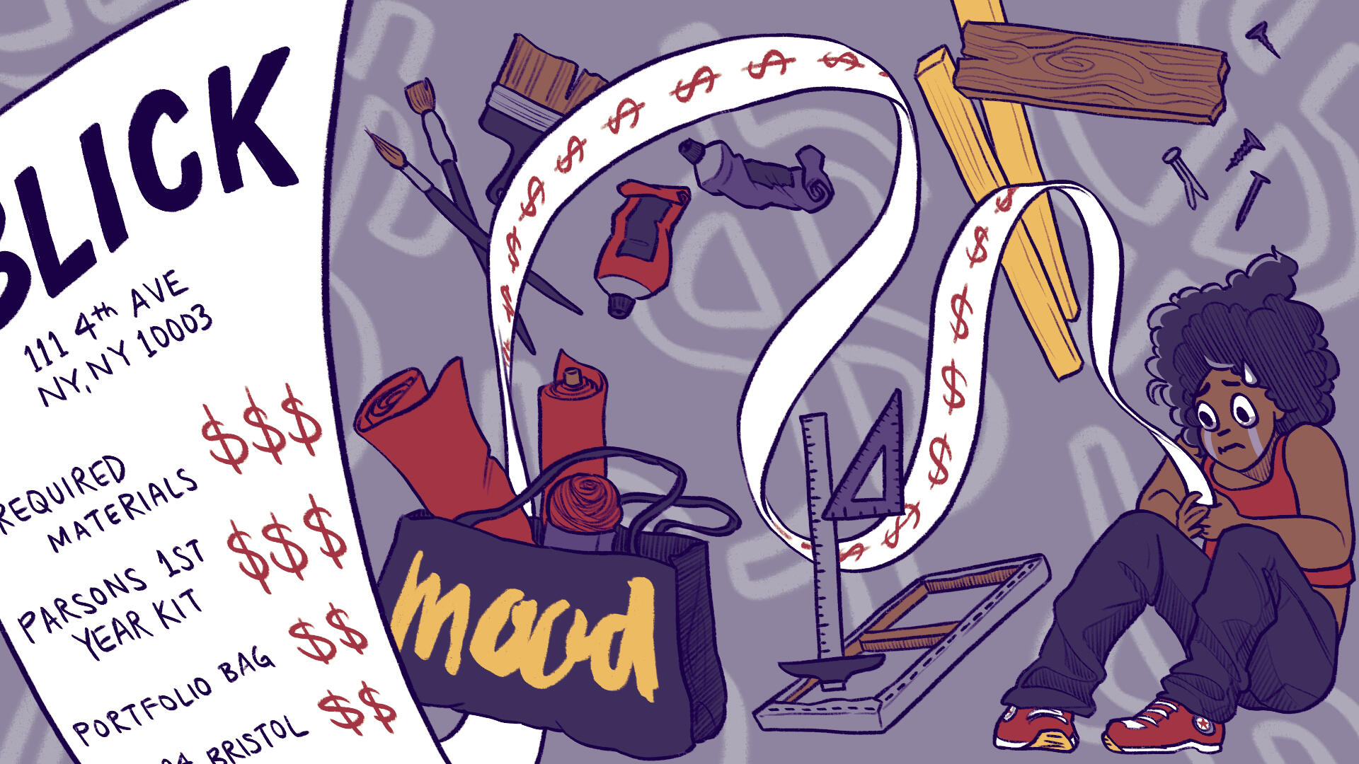 Illustration of a character sitting in the bottom right corner, crying over a BLICK art materials receipt that stretches across the whole image, printed with red dollar signs and winding in and around various art supplies.