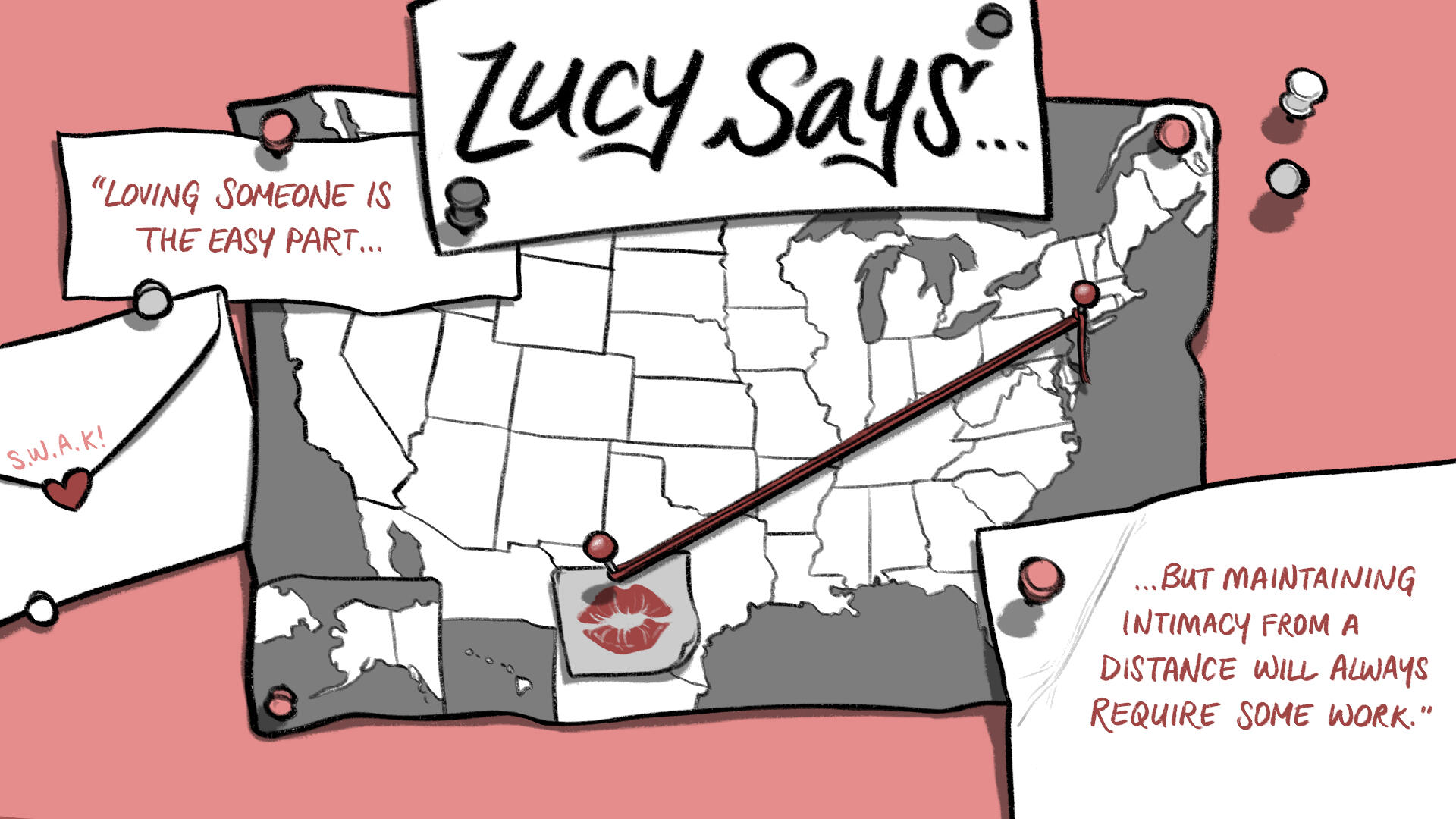 Black, white, and red illustration of a corkboard with pins attaching letters, a paper US map, and a string connecting NYC to Texas, which holds a sticky note marked with a lipstick kiss.